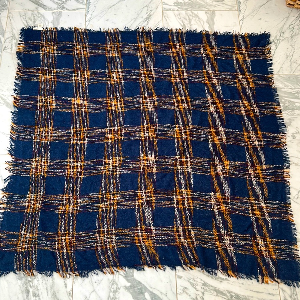 55”x 52” navy, gold, maroon, cream blanket scarf